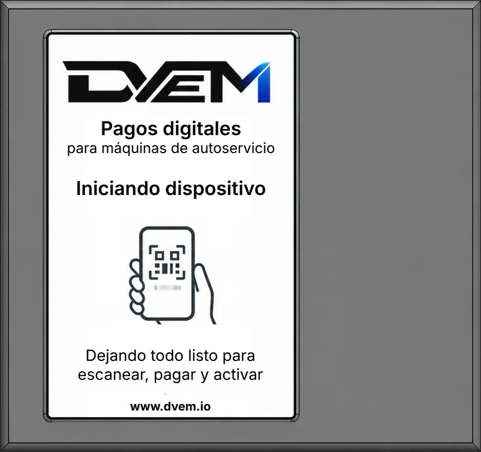 Animación del dispositivo DVEM: primero la marca, luego el código QR con el importe a cobrar, y luego la cuenta regresiva de activación.