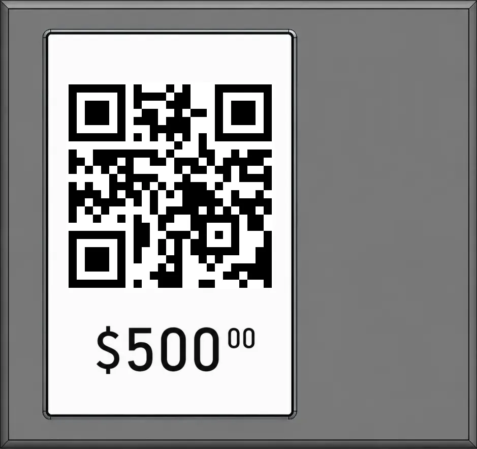 Animación del dispositivo DVEM: primero la marca, luego el código QR con el importe a cobrar, y luego la cuenta regresiva de activación.